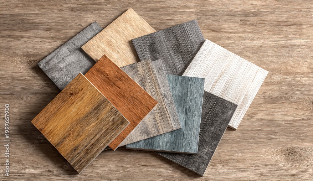 Fototapeta premium A fan-like arrangement of various wood flooring samples showing different colors and grain patterns on a light wood background