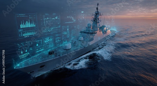 A modern naval ship sails through the ocean at sunset with a digital data overlay showing tactical information and radar charts