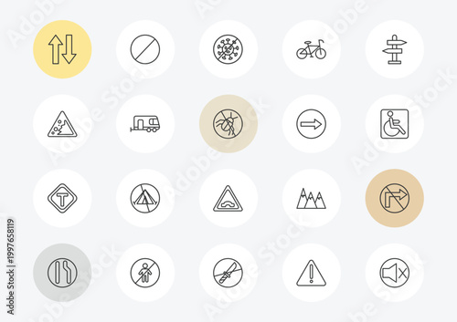 traffic signs outline icon set. linear vector for ui, web and mobile. thin line two ways, falling rocks, t junction icons.