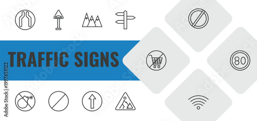 traffic signs outline icon set. linear vector for ui, web and mobile. thin line narrow road, bump, hill icons.