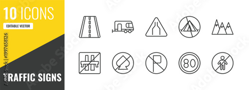 traffic signs outline icon set. 10 linear vector for ui, web and mobile. thin line highway, caravan, narrow road icons.