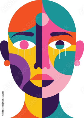 Vibrant colorful illustration of a crying woman's face isolated on transparent background, isolated on white background, Vector