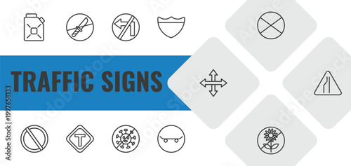 traffic signs outline icon set. linear vector for ui, web and mobile. thin line gasoline, no weapons, no turn icons.