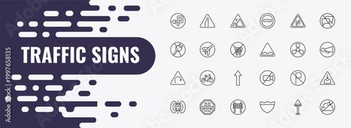 traffic signs outline icon set. linear vector for ui, web and mobile. thin line narrow lane, falling rocks, right reverse bend icons.