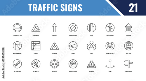traffic signs outline icon set. linear vector for ui, web and mobile. thin line road work, museum, fire icons.