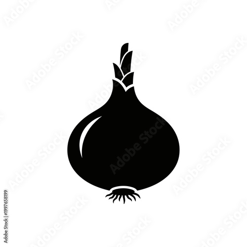 Simple black and white illustration of a fresh onion bulb, isolated on white background.