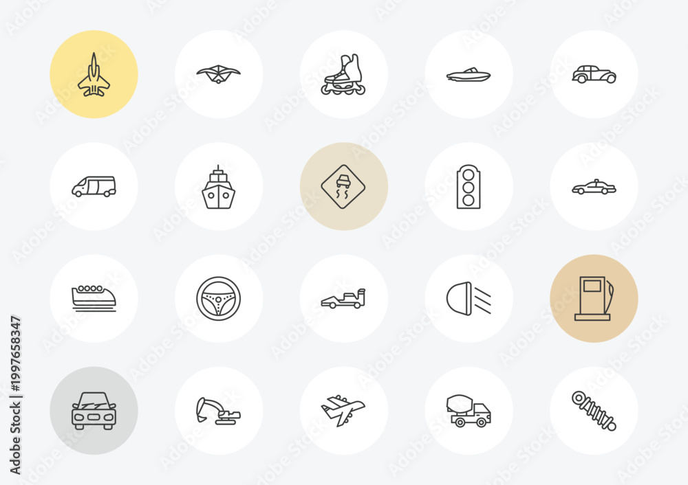 Fototapeta premium transport outline icon set. linear vector for ui, web and mobile. thin line army airplane, van, bobsleigh icons.