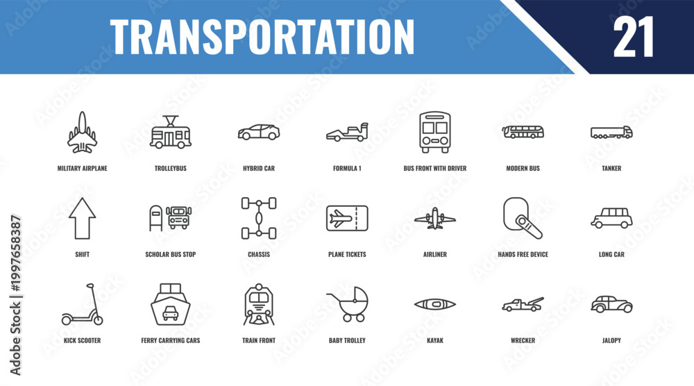 Fototapeta premium transportation outline icon set. linear vector for ui, web and mobile. thin line trolleybus, tanker, airliner icons.