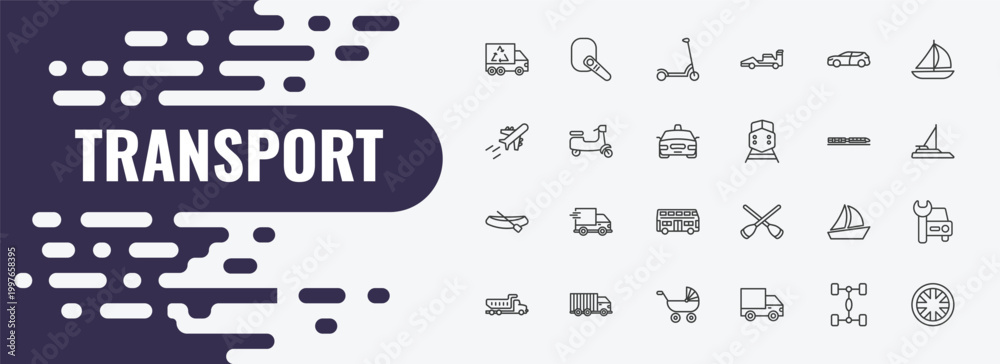 Fototapeta premium transport outline icon set. linear vector for ui, web and mobile. thin line hands free device, kick scooter, suv icons.