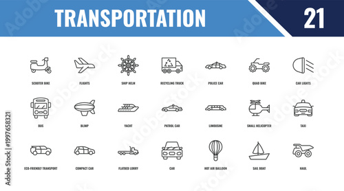 transportation outline icon set. linear vector for ui, web and mobile. thin line flights, car lights, limousine icons.