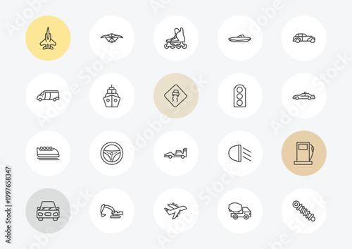 transport outline icon set. linear vector for ui, web and mobile. thin line army airplane, van, bobsleigh icons.