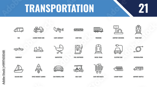 transportation outline icon set. linear vector for ui, web and mobile. thin line loaded truck side view, tram stop, diesel train icons.