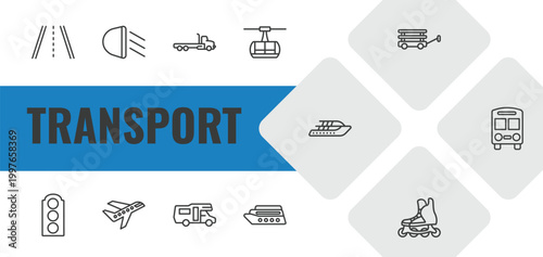 transport outline icon set. linear vector for ui, web and mobile. thin line road with broken lines, car lights, flatbed lorry icons.