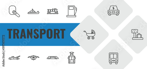 transport outline icon set. linear vector for ui, web and mobile. thin line hands free device, pt boat, caboose icons.
