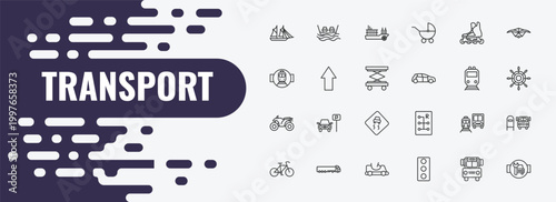 transport outline icon set. linear vector for ui, web and mobile. thin line ferry, paddlewheeler, inline skates icons.