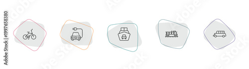 transport outline icon set. linear vector for ui, web and mobile. thin line bicycle, electric car, ferry carrying cars icons.