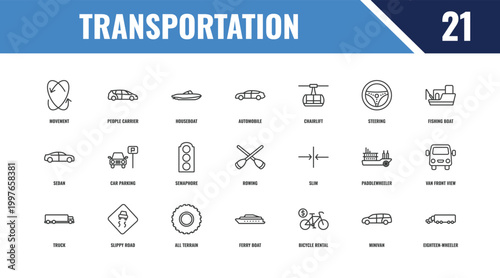 transportation outline icon set. linear vector for ui, web and mobile. thin line people carrier, fishing boat, slim icons.