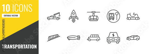transportation outline icon set. 10 linear vector for ui, web and mobile. thin line tow truck, space rocket launch, chairlift icons.
