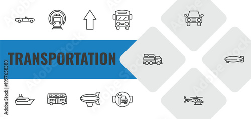 transportation outline icon set. linear vector for ui, web and mobile. thin line cabriolet, , shift icons.