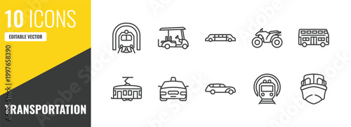 transportation outline icon set. 10 linear vector for ui, web and mobile. thin line train in a tunnel, golf cart, limousine icons.
