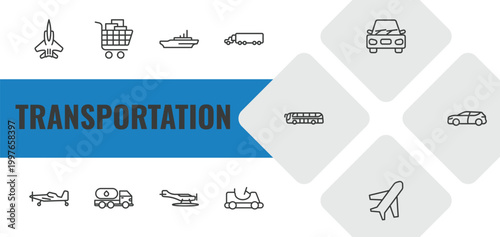 transportation outline icon set. linear vector for ui, web and mobile. thin line army airplane, cart with boxes, icebreaker ship icons.