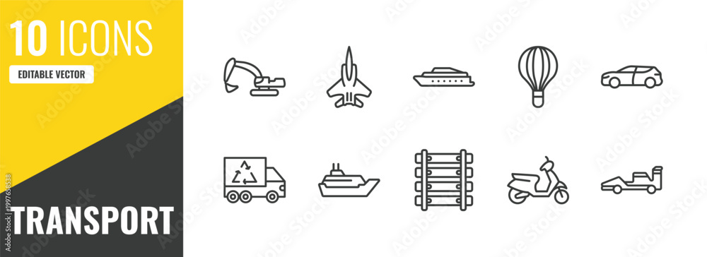 Fototapeta premium transport outline icon set. 10 linear vector for ui, web and mobile. thin line excavators, army airplane, ferry boat icons.