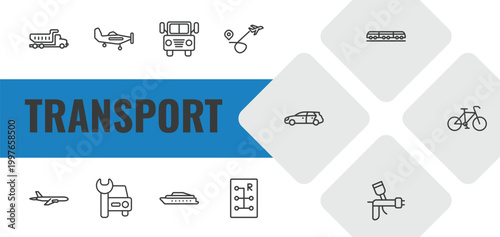 transport outline icon set. linear vector for ui, web and mobile. thin line litter car, light aircraft, prison bus icons.