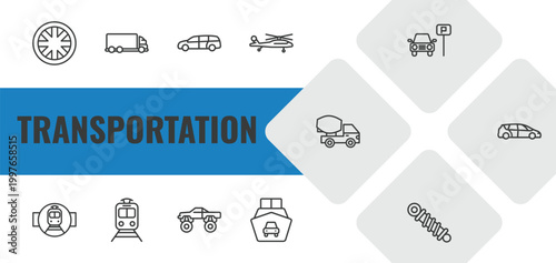 transportation outline icon set. linear vector for ui, web and mobile. thin line alloy wheel, lorry, minivan icons.