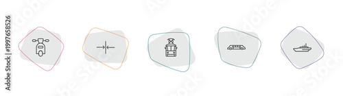 transportation outline icon set. linear vector for ui, web and mobile. thin line motorbike, slim, tram front view icons.