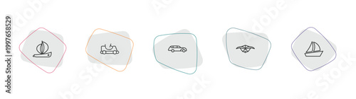 transport outline icon set. linear vector for ui, web and mobile. thin line yawl, go kart, hearse icons.