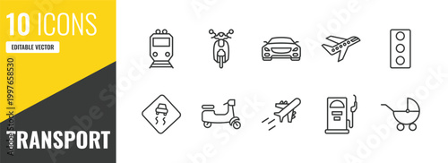 transport outline icon set. 10 linear vector for ui, web and mobile. thin line metro, scooter front view, car frontal view icons.