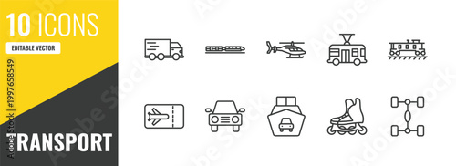 transport outline icon set. 10 linear vector for ui, web and mobile. thin line free transport, monorail, helicopter profile icons.