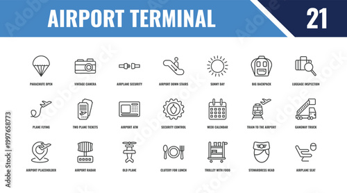 airport terminal outline icon set. linear vector for ui, web and mobile. thin line vintage camera, luggage inspection, week calendar icons.