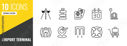 airport terminal outline icon set. 10 linear vector for ui, web and mobile. thin line landing runway, direction post, two passports icons.