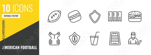 american football outline icon set. 10 linear vector for ui, web and mobile. thin line fast football ball, hot dog, shield icons.