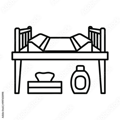 Simple line drawing of a bed and nightstand