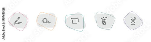 bistro and restaurant outline icon set. linear vector for ui, web and mobile. thin line chopsticks, frying pan from top, measurement jar icons.