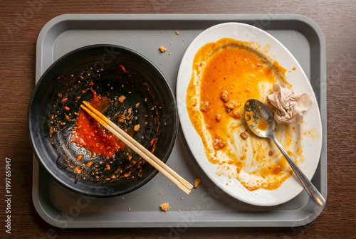 Empty Dishes on Tray After Meal Finished.