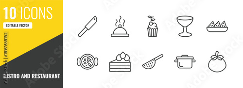 bistro and restaurant outline icon set. 10 linear vector for ui, web and mobile. thin line thin knife, tray and cover, cupcake with cherry icons.