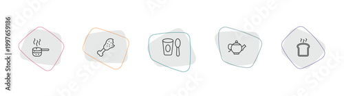 bistro and restaurant outline icon set. linear vector for ui, web and mobile. thin line boiling water pan, chicken thigh, yogurt with spoon icons.