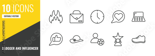 blogger and influencer outline icon set. 10 linear vector for ui, web and mobile. thin line fire, work, clock icons.