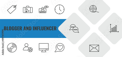 blogger and influencer outline icon set. linear vector for ui, web and mobile. thin line label, suitcase, vlogger icons.