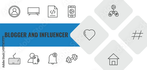 blogger and influencer outline icon set. linear vector for ui, web and mobile. thin line profile, tv, script icons.