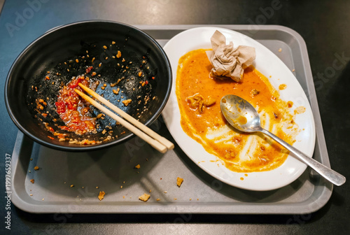 Empty Dishes on Tray After Meal Finished.