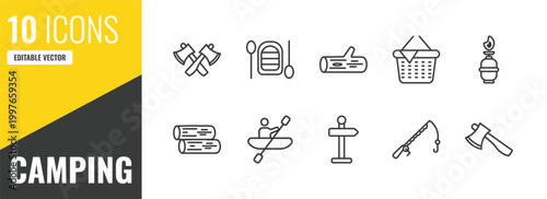 camping outline icon set. 10 linear vector for ui, web and mobile. thin line axes, inflatable boat, log icons.