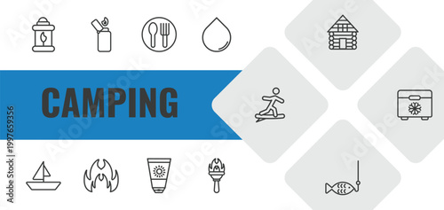camping outline icon set. linear vector for ui, web and mobile. thin line fire lamp, lighter, canteen icons.