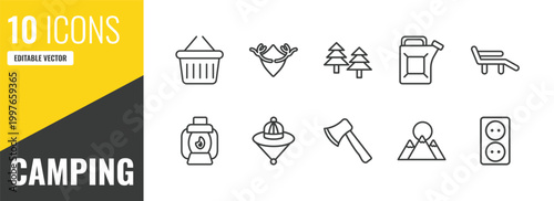 camping outline icon set. 10 linear vector for ui, web and mobile. thin line basket, hunting trophy, forest icons.
