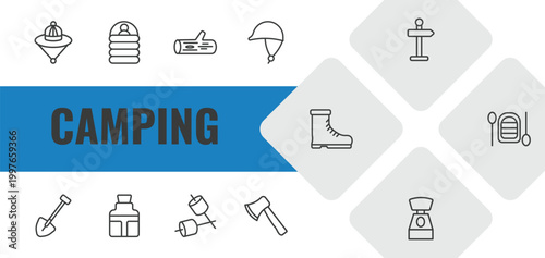 camping outline icon set. linear vector for ui, web and mobile. thin line explorer hat, sleeping bag, log icons.