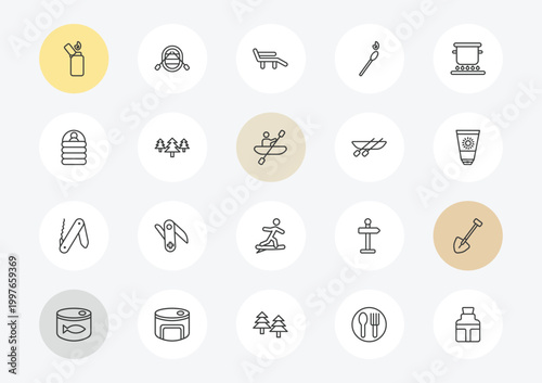 camping outline icon set. linear vector for ui, web and mobile. thin line lighter, sleeping bag, swiss knife icons.