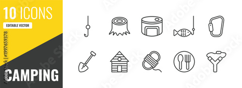 camping outline icon set. 10 linear vector for ui, web and mobile. thin line hook, stump, canned food icons.